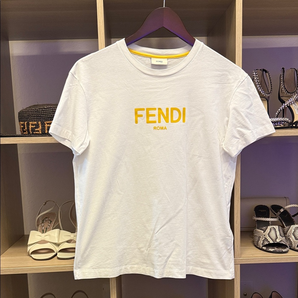 Fendi White Tee with Vibrant Yellow Logo